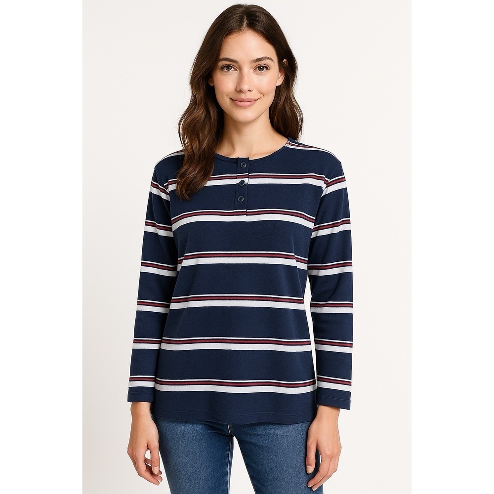 Lands' End Women S Henley Top Navy Red White Striped 100% Cotton Casual